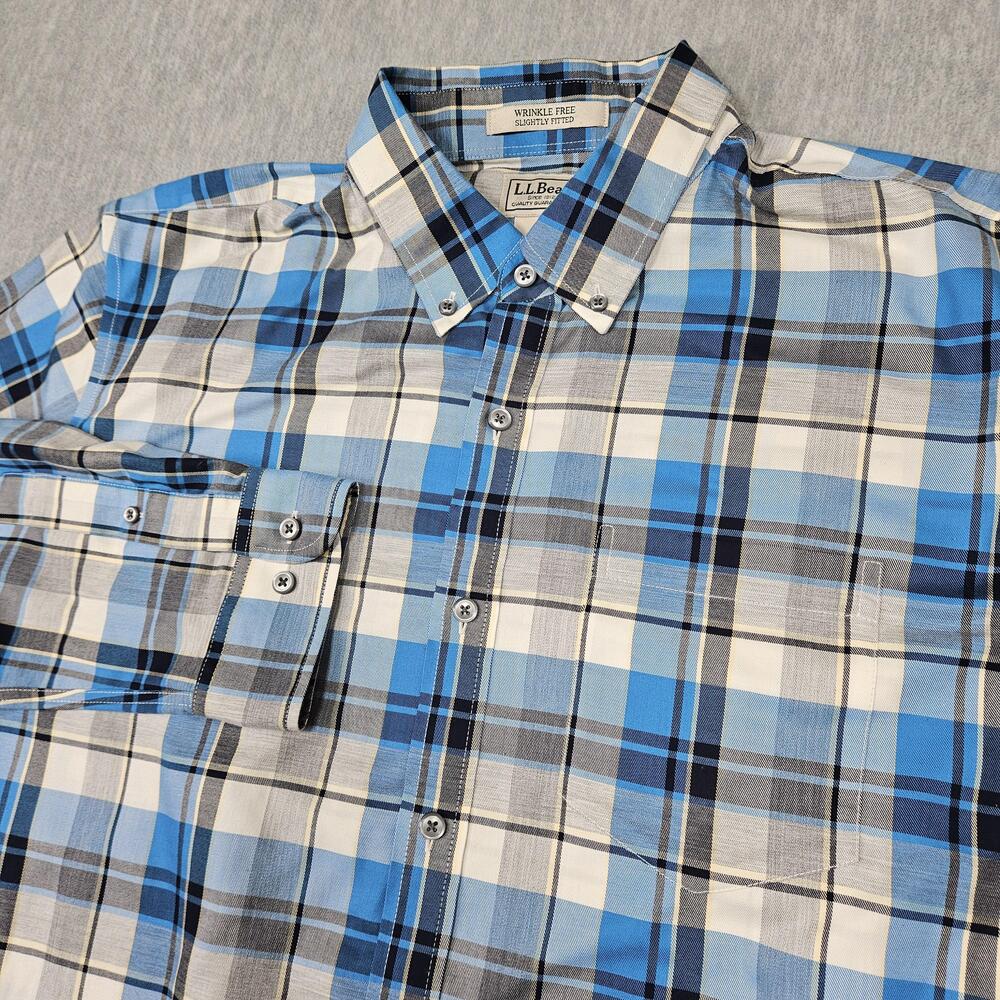 L.L.Bean Shirt Mens Large Blue Gray Plaid Button Down Wrinkle Free Long Sleeve